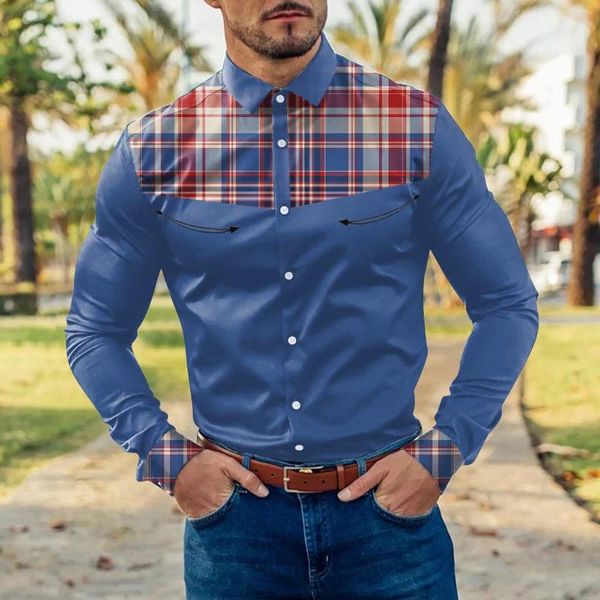 Camisas casuales para hombres para hombre de manga larga botón de solapa moda tela escocesa patchwork slim fit denim otoño primavera diario streetwear
