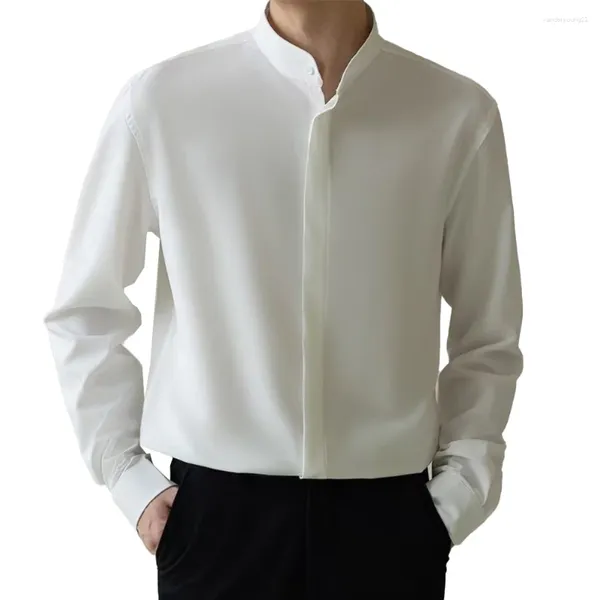 Camisas casuales para hombres para hombre de manga larga Tops de un solo pecho Slim Fit Stand Collar Blusa Dress Up Street Lapel Western Camisa masculina