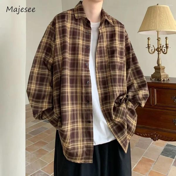 Camisas casuales para hombres para hombre sueltos de moda preppy adolescentes estilo coreano parche a cuadros bolsillo juvenil diario primavera otoño calle suave