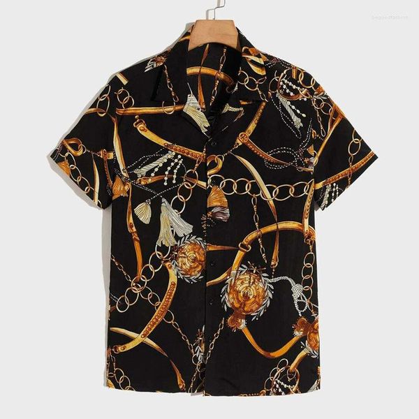 Chemises décontractées pour hommes robe de luxe pour hommes baroque noir chaîne en or imprimé à manches courtes boutonné Buchona chemise pour la plage de fête