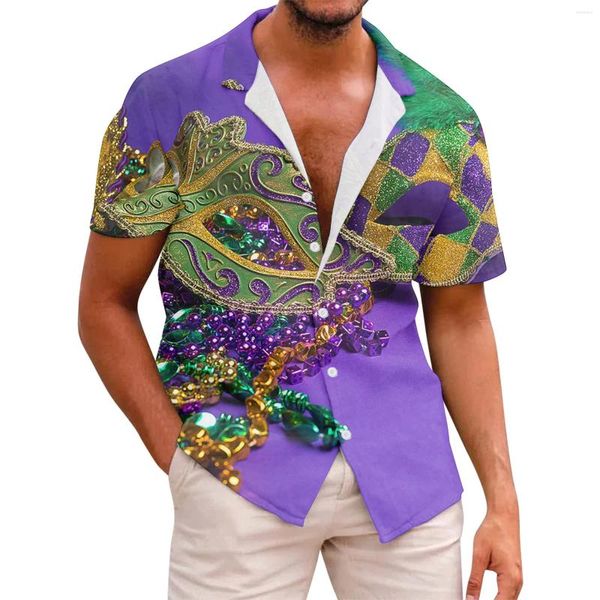 Chemises décontractées pour hommes Hommes Mardi Gras Carnaval Mascarade Imprimer Manches courtes Élégant Bouton de revers Blouses Hawaiian Wear