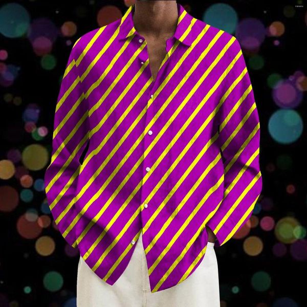 Chemises décontractées pour hommes Hommes Mardi Gras Carnaval Élégant Rayé Imprimé À Manches Longues Bouton Bouton Top Blouses Hawaiian Beach Vacances Camisa