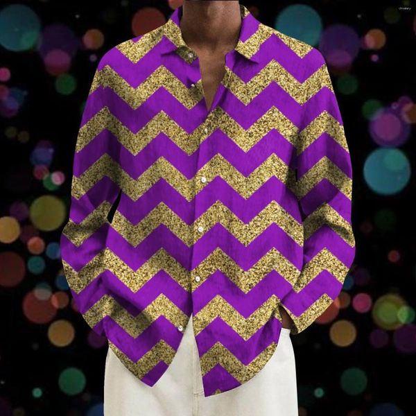 Chemises décontractées pour hommes Hommes Mardi Gras Mode Carnaval Ripple Imprimer Top Manches longues Bouton Bouton Blouses Hawaiian Loisirs Beachwear