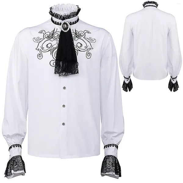 Chemises décontractées pour hommes Hommes Médiéval Noir Blanc Renaissance Costume Pirate Capitaine À Lacets Hauts À Volants Chemise À Col De Sable Vampire Blouses De Scène