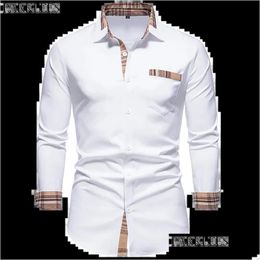 Chemises décontractées pour hommes Hommes Parklees 2022 Automne Plaidwork Formel Pour Hommes Slim Manches Longues Blanc Bouton Chemise Robe Bureau D'affaires Dhcp0