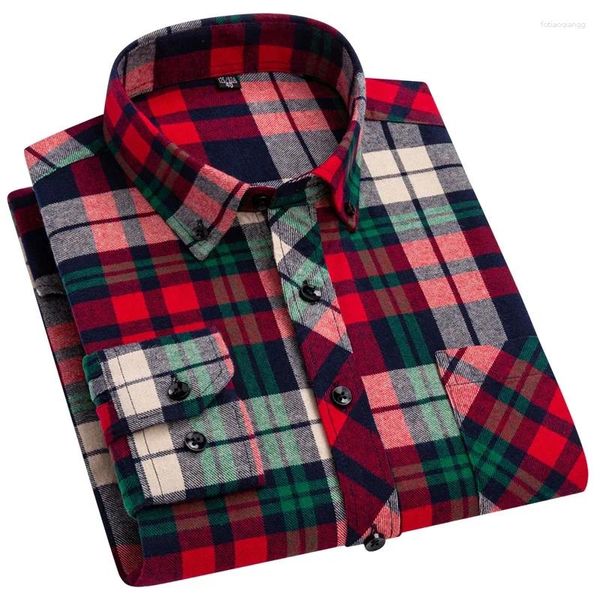 Chemises décontractées pour hommes Hommes Plaid Lavé Brossé Manches Longues Poche Unique Confortable Coton Mode Slim Fit Boutonné