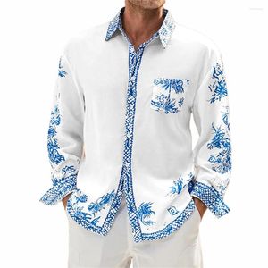 Chemises décontractées pour hommes Hommes Imprimer Manches longues Lâche Patchwork Blouse Button Down Party T Dress Up Chemise masculine en porcelaine bleue et blanche