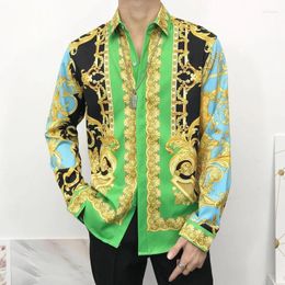 Chemises décontractées pour hommes Hommes imprimés baroque boutonné robe pour la fête de bal à manches longues Slim Fit Black Gold Floral Discothèque