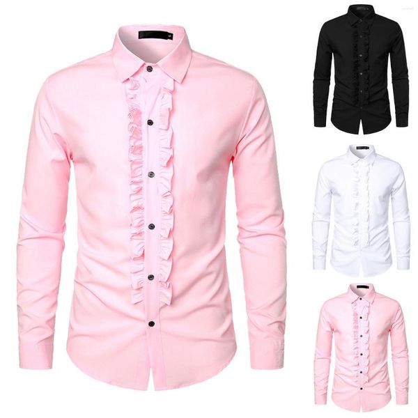 Camisas casuales para hombres Vestido de esmoquin con volantes para hombre 2023 Marca Slim Fit Manga larga Camisa de cuello de soporte Hombres Prom Realizando boda Chemise Homme