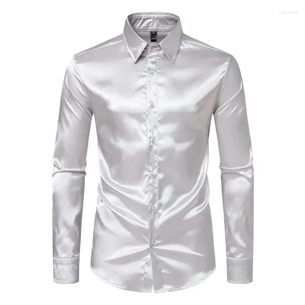 Camisas casuales para hombres Camisa de seda satinada para hombre Manga larga Slim Business Formal Tops Club nocturno clásico Ropa para hombres Otoño Vintage Color sólido Top