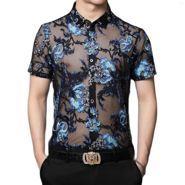 Chemises décontractées pour hommes Mens Sexy Chemise de broderie florale transparente Party Nightclub DJ Dancer See Through Summer Short Sleeve Hollow Out Tops