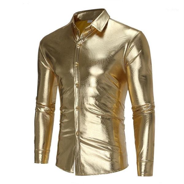 Chemises décontractées pour hommes Hommes Brillant Gold Coated Chemise métallique Marque à manches longues Slim Fit NightClub Wear Robe Hommes DJ Prom Stage S2345