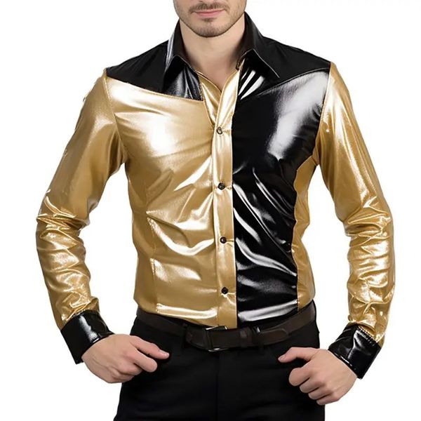 Camisas casuales para hombres Camisa de manga larga metálica brillante para hombre Moda Danza Discoteca Etapa Vestido de fiesta Camisa Camisa de retazos de oro negro para hombres 231128