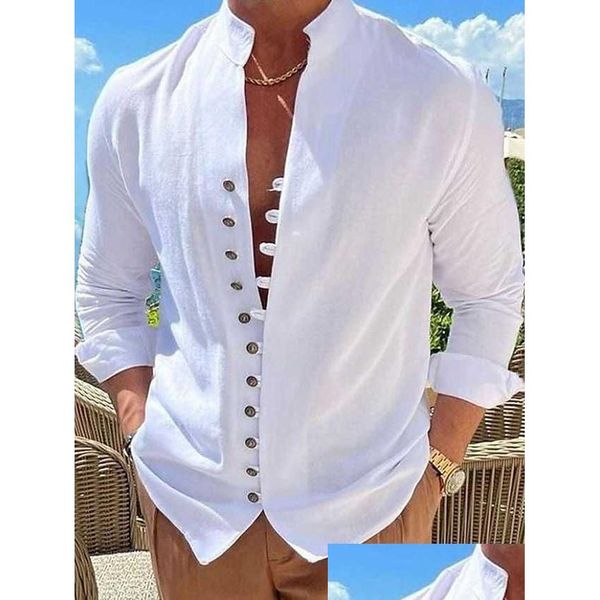 Chemises décontractées pour hommes Chemise pour hommes Bouton en lin Casual Été Noir Blanc Rose Manches longues Col de bande uni Printemps Automne Quotidien Vacatio DH08O