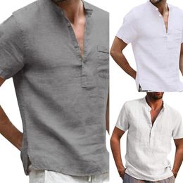 Camisas casuales para hombres para hombre de manga corta de lino botones en T cuello de soporte frontal ajuste regular ligero playa yoga verano jersey tops