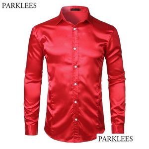 Chemises décontractées pour hommes Hommes Slim Fit Soie Satin Robe Groom Stage Prom Chemise Hommes À Manches Longues Boutonné Mâle Chemise Homme Rouge Dhn7E