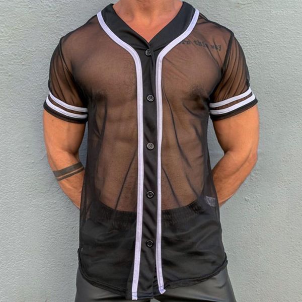 Chemises décontractées pour hommes Slim à manches courtes col en V hauts printemps été loisirs sport t-shirt mode voir à travers maille longue rayé t-shirt