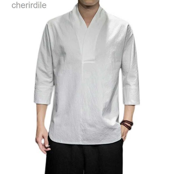 Camisas casuales para hombres para hombre sólido con cuello en V de un tercio de un tercio de la camiseta de la calle tradicional camisa de lino de estilo chino YQ240408