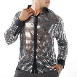 Camisas casuales para hombres Camisas de baile de fiesta de lentejuelas brillantes para hombre Retro 70s Disco Nightclub Shirt Tops 231128