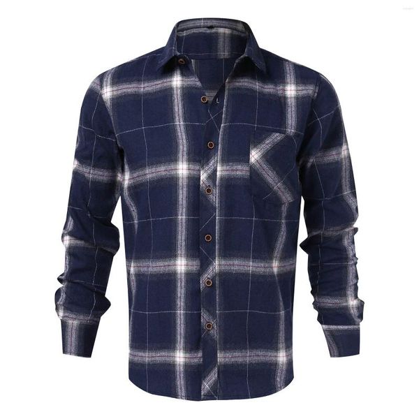 Chemises décontractées pour hommes Spring et automne Business Plaid Brossed Pocket Pocket Bouton Longte à manches L-5XL