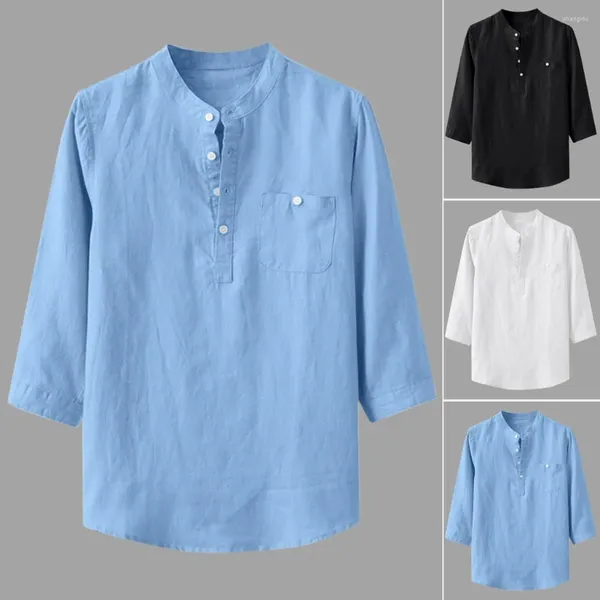 Camisas casuales para hombres para hombre collar de soporte de algodón camisa de vestir de lino otoño trimestre tres manga sólida holgada moda un bolsillo blusa suelta