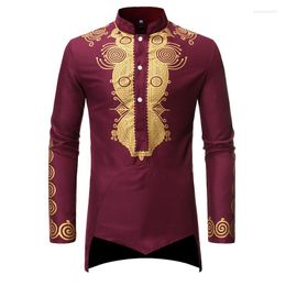 Casual shirts heren heren Stijlvolle Afrikaanse gebronsde gedrukte shirt Wine Red Totem lange mouw traditionele etnische festival bruiloft dashiki