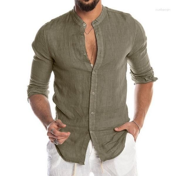 Hommes chemises décontractées hommes été coton lin à manches longues col bagué chemise légère couleur unie respirant plage Style Blouse 3XL