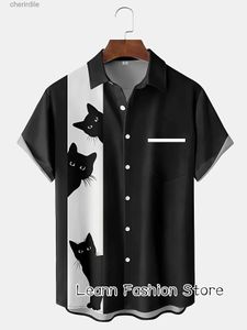 Chemises décontractées pour hommes Mentins Summer drôle d'anime Cat Imprimement de chat Contrôle de mode Contrôlement Button Mentide Collier Cold de mode Hawaiian Vacation Shirt YQ240408
