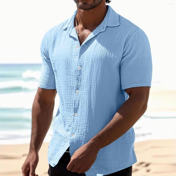 Chemises décontractées pour hommes Mens été revers couleur unie à manches courtes bouton chemise en lin Robes flanelle à manches longues