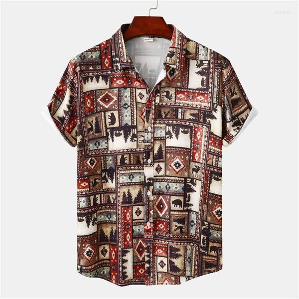 Camisas informales para hombre, camisa de manga corta marrón con estampado de geometría Tribal para hombre, camisa de verano hawaiana para vacaciones, Tops