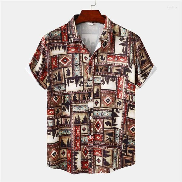 Hommes chemises décontractées hommes Tribal géométrie imprimé col de camp marron à manches courtes chemise été hawaïen vacances Camisa hauts