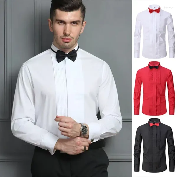 Camisas casuales para hombres Camisa de esmoquin masculino con corbata de lazo de color sólido Consejo de ala de collar Rendimiento de la fiesta de boda de la manga larga ropa para hombres