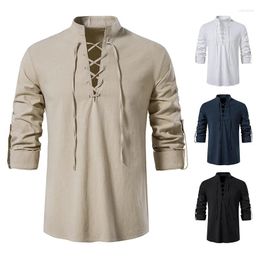 Chemises décontractées pour hommes Chemise à manches longues à lacets à col en V pour hommes Chemise Henry en coton solide et col montant