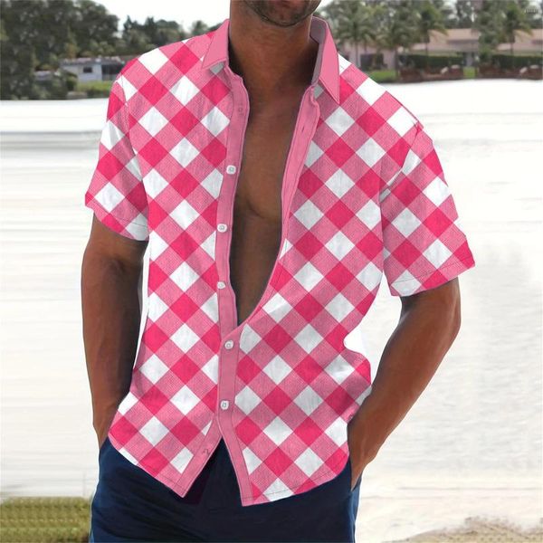 Chemises décontractées pour hommes Hommes Saint Valentin Tendance Plaid Imprimer Été À Manches Courtes Chemisier Aloha Loisirs Rétro Beachwear Camisas De Hombre