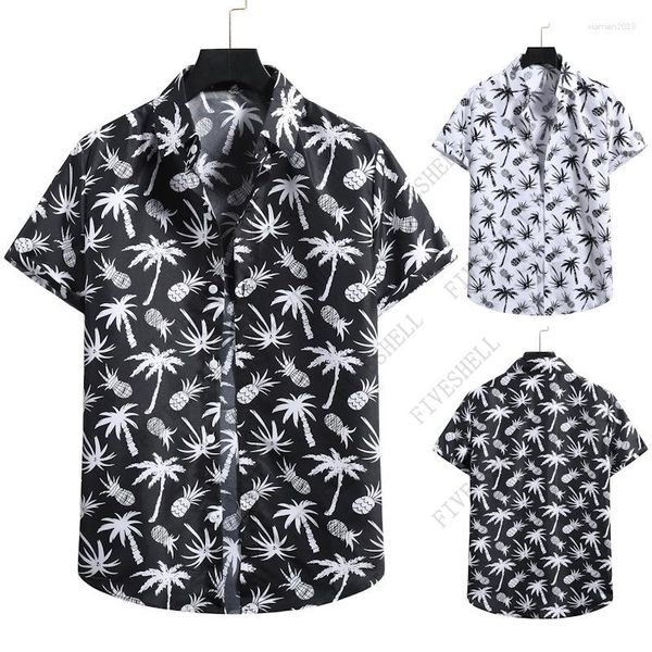 Chemises décontractées pour hommes Hommes Vintage Ananas Palmier Imprimer Plage Aloha Hipster Noir À Manches Courtes Chemise Hawaïenne Hommes Fête Vacances Vêtements