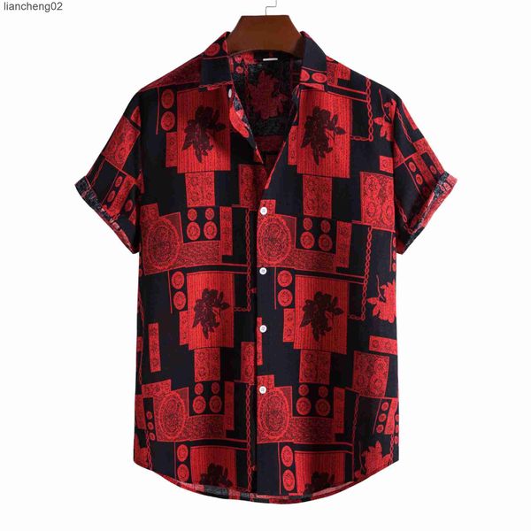 Camisas casuales para hombres Camisa hawaiana con botones informales con estampado floral rojo vintage para hombres Camisas de playa de lino y algodón de manga corta Slim Fit Chemise Homme W0328