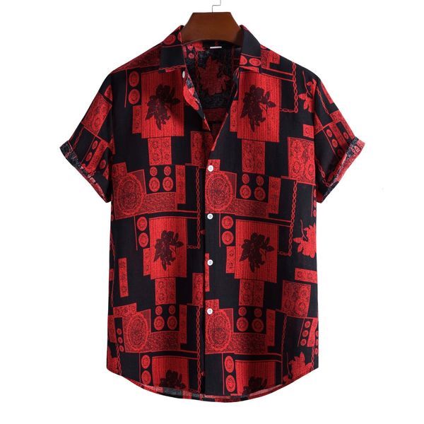 Chemises décontractées pour hommes Hommes Vintage Rouge Floral Imprimer Bouton Up Chemise Hawaïenne Hommes Slim Fit Manches Courtes Coton Lin Plage Chemise Homme 230403