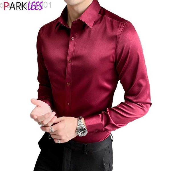 Heren Casual Shirts Heren Wijnrood Satijn Luxe Overhemden 2020 Gloednieuw Slim Fit Shirt met lange mouwen Heren Casual Smooth Stretch Chemise Homme 5XL L230721