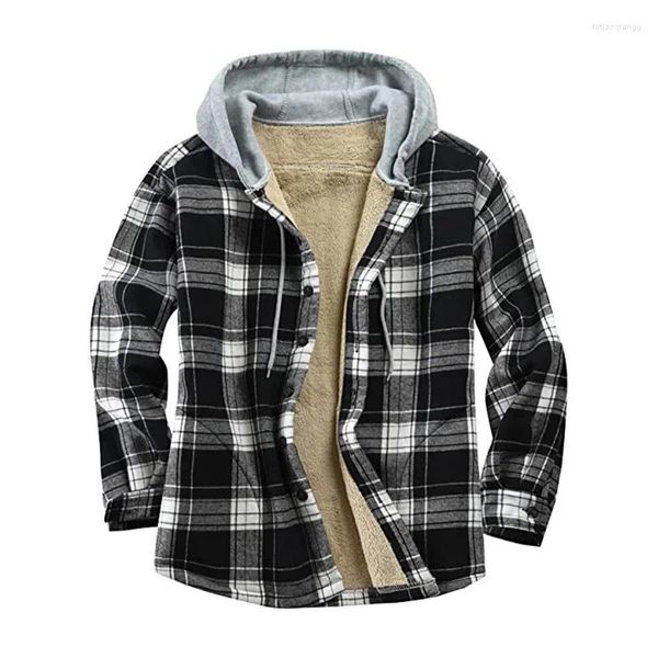 Chemises décontractées pour hommes Hommes hiver flanelle chemise veste classique noir et blanc plaid polaire doublé manteau boutonné sweat à capuche vêtements d'extérieur