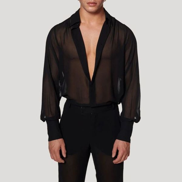 Chemises décontractées pour hommes Mesh Revers See Through Sexy Bouton élégant 2023 Manches longues Transparent Party Discothèque EU Taille M2XL 230221