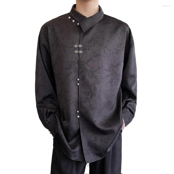 Chemises décontractées pour hommes bouton en métal col montant à manches longues hommes Streetwear mode Vintage ample Satin Jacquard femmes Blouses