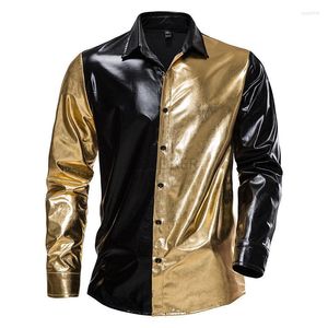 Casual shirts voor heren metallic shirt mannen met lange mouw knoop naar beneden gecoate disco man 70s nachtclub kerstfeestje kostuum zwart goud