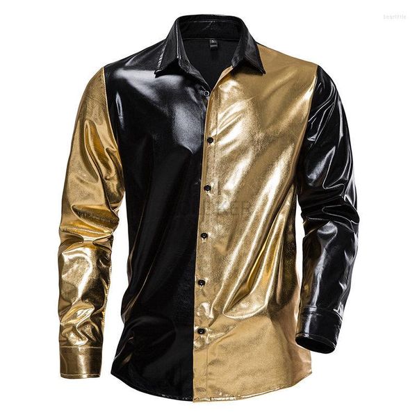 Chemises décontractées pour hommes chemise métallique hommes à manches longues boutonné enduit Disco homme années 70 discothèque Costume de fête de noël noir or