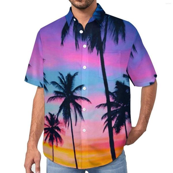 Camisas informales para hombre, camisa con puesta de sol de Miami, estampado de palmeras, blusas divertidas hawaianas holgadas para la playa, ropa de manga corta con gráfico de gran tamaño