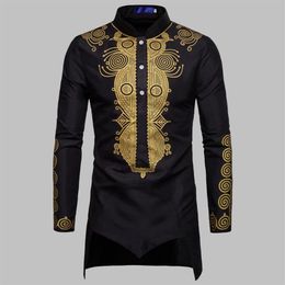 Chemises décontractées pour hommes Moyen-Orient Musulman Longue Robe Hommes Africains Imprimé Floral Chemise À Manches Noires Bouton Plus Taille Dubaï Dashiki Homme 260K