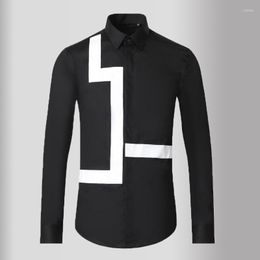 Chemises décontractées pour hommes Minglu noir blanc hommes luxe à manches longues géométrie imprimé mode masculine Slim Fit fête homme 3XL