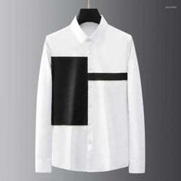 Camisas casuales para hombres Minglu algodón negro blanco lujo de lujo manga larga oro tubería vestido para hombre moda slim fit ropa coreana