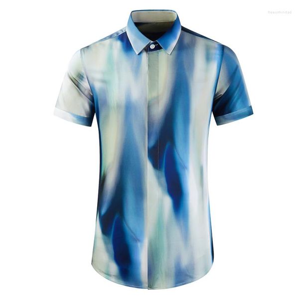 Camisas informales para hombre Minglu algodón lujo verano manga corta botón cubierto Digital impreso fiesta club nocturno delgado hombre vestido