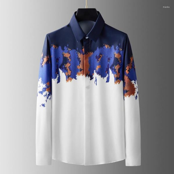 Chemises décontractées pour hommes Minglu peint à la main de luxe à manches longues robe masculine mode mince fête fleur homme