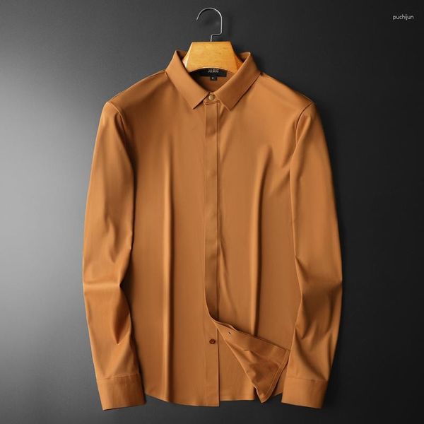 Chemises décontractées pour hommes Minglu haute élasticité luxe à manches longues couleur unie sans couture printemps automne affaires robe masculine 4XL